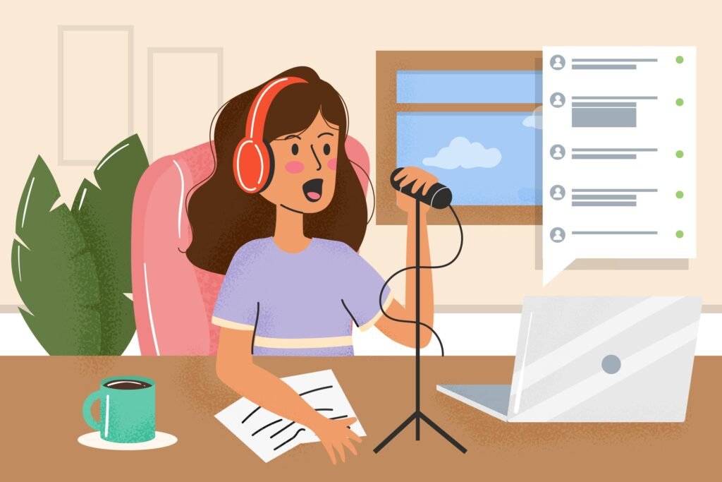 Ilustração de uma mulher com fones de ouvido vermelhos e microfone, gravando áudio em uma mesa de trabalho com laptop e chat de participantes. Representação da facilidade de gravar relatos pedagógicos com IA.
