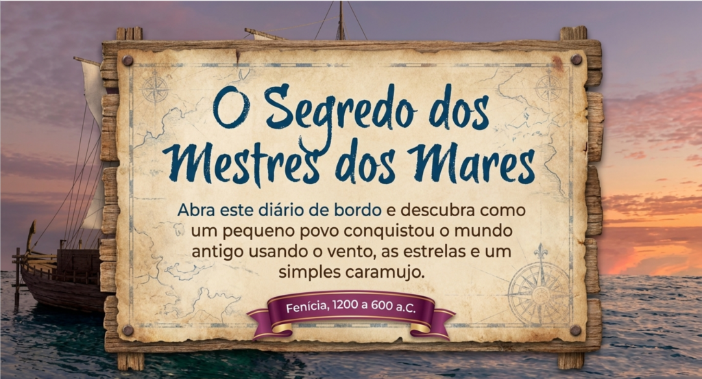 Slide de capa com mapa pergaminho sobre madeira e fundo do oceano ao pôr do sol, com o título "O Segredo dos Mestres dos Mares: Fenícia, 1200 a 600 a.C.".