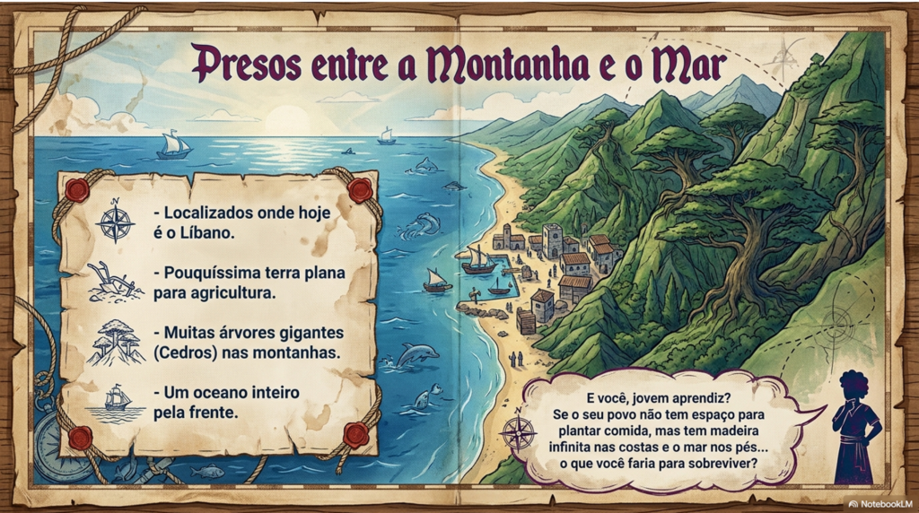 Slide com mapa ilustrado do litoral da Fenícia entre montanhas de cedros e o mar, acompanhado de lista sobre a geografia do Líbano e pergunta reflexiva para os alunos.