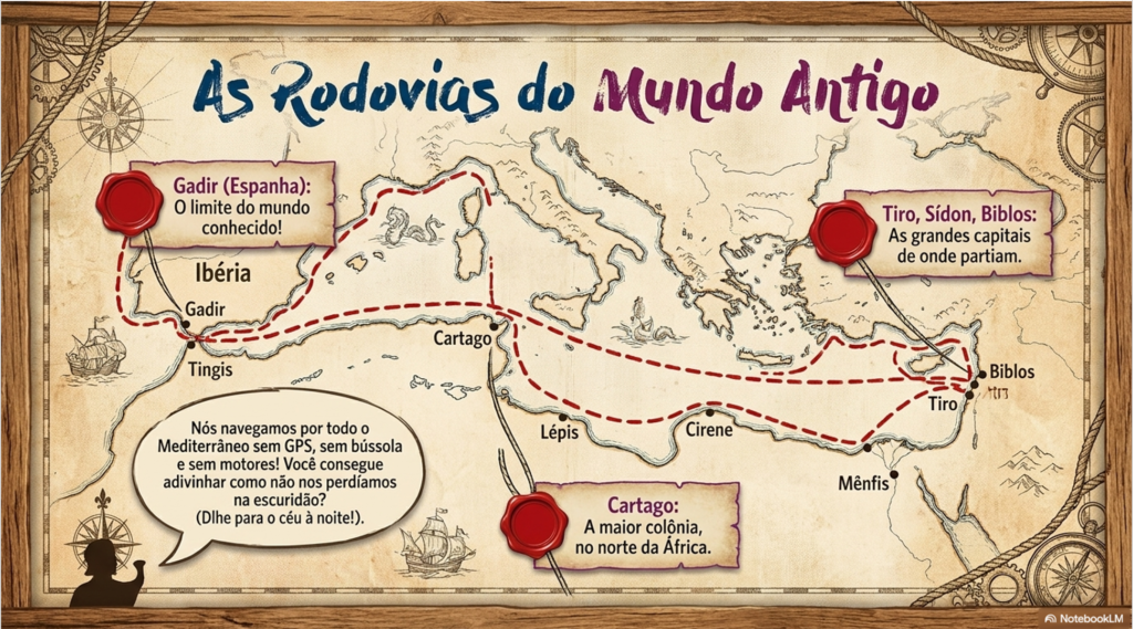 Slide com mapa ilustrado do Mar Mediterrâneo mostrando as rotas de navegação fenícias de Tiro, Sídon e Biblos até Cartago e Gadir na Espanha.