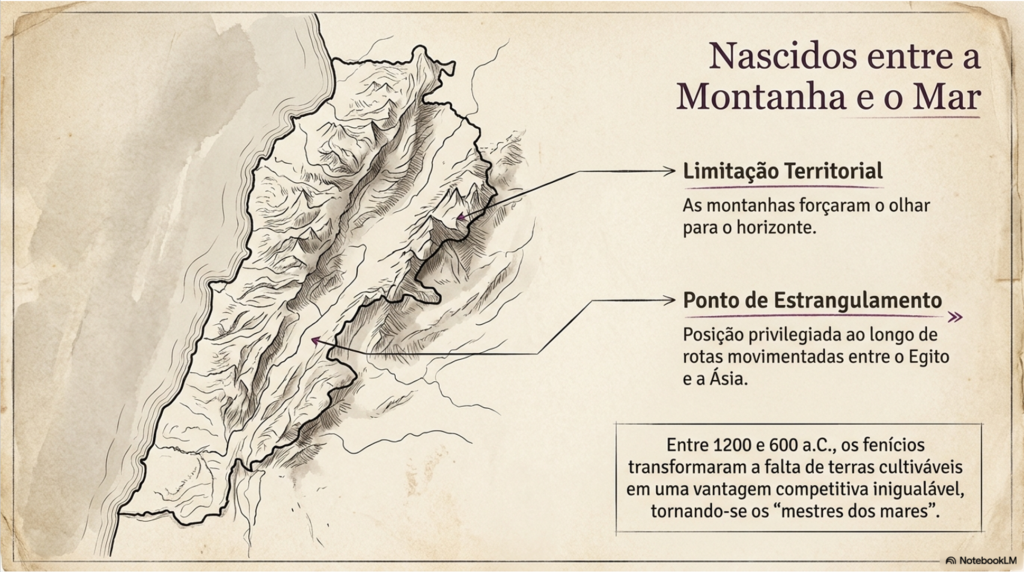 Slide com mapa topográfico do antigo Líbano destacando a limitação territorial nas montanhas e a posição de estrangulamento estratégico no comércio.