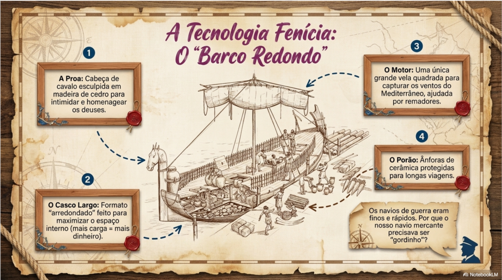 Diagrama anatômico e técnico de um navio mercante fenício, detalhando a proa com cabeça de cavalo, casco largo, vela quadrada e porão com ânforas.