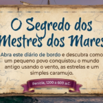 Slide de capa em estilo pergaminho sobre moldura de madeira no oceano ao pôr do sol, com o título "O Segredo dos Mestres dos Mares" e subtítulo sobre a história da Fenícia entre 1200 e 600 a.C.