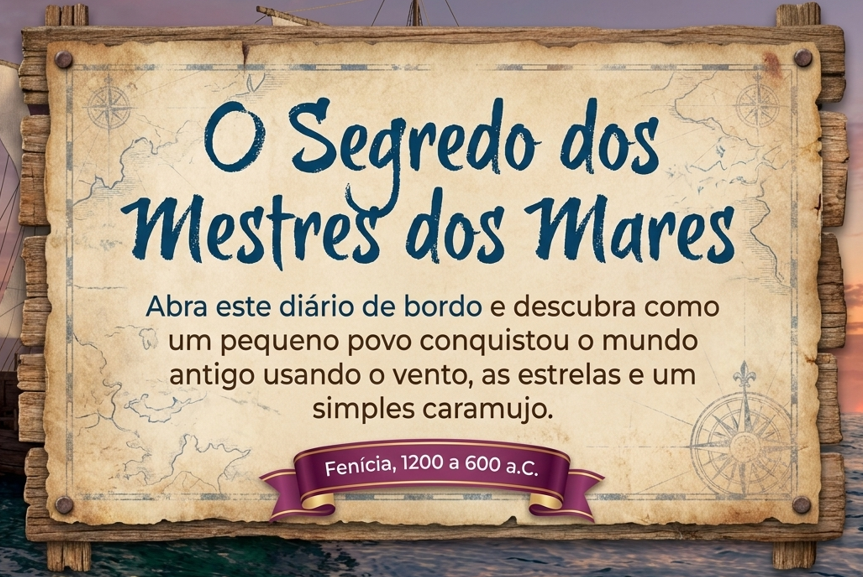 Slide de capa em estilo pergaminho sobre moldura de madeira no oceano ao pôr do sol, com o título "O Segredo dos Mestres dos Mares" e subtítulo sobre a história da Fenícia entre 1200 e 600 a.C.