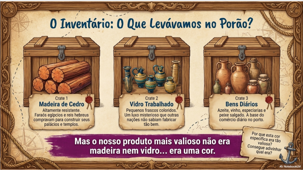 Slide ilustrado com três baús de madeira abertos contendo toras de cedro, frascos de vidro artesanal colorido e ânforas com azeite e vinho.