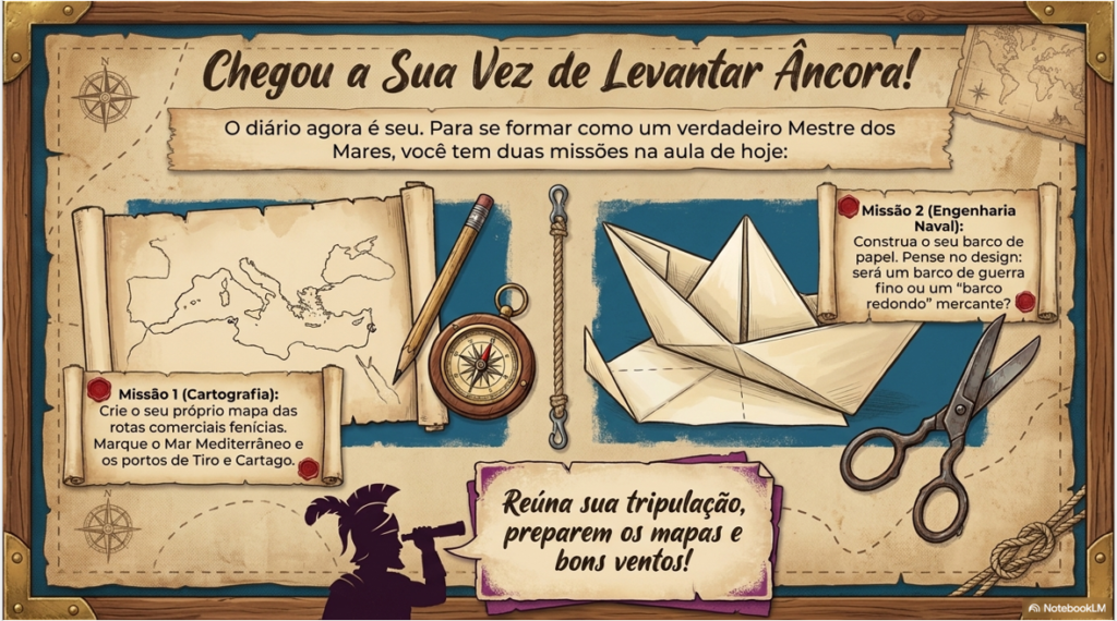 Slide de atividades práticas com mapa do Mediterrâneo para cartografia de rotas e origami de barco de papel para aula de engenharia naval.