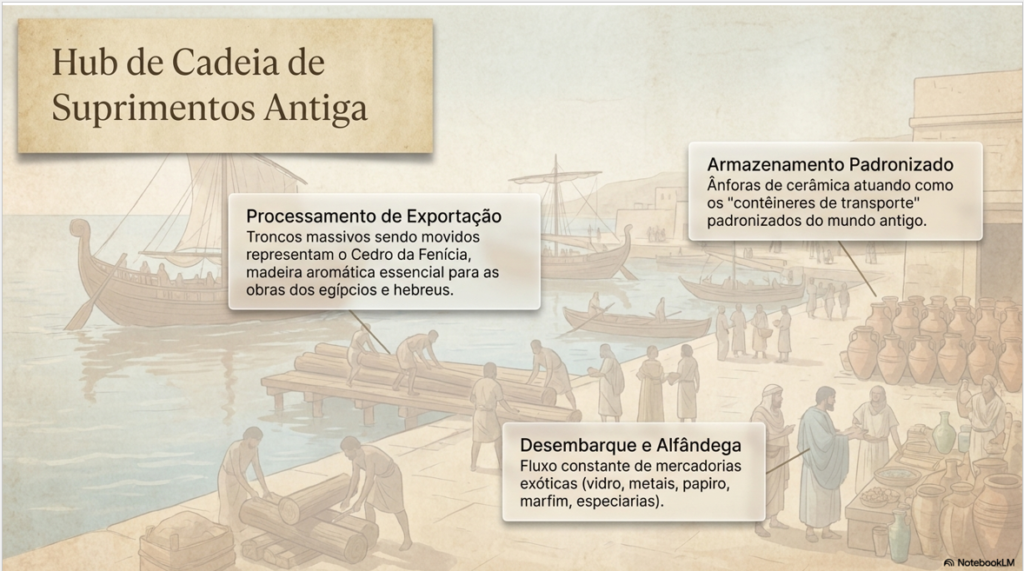 Ilustração histórica de um porto fenício movimentado, destacando o transporte de troncos de cedro, o uso de ânforas padronizadas e o controle alfandegário.