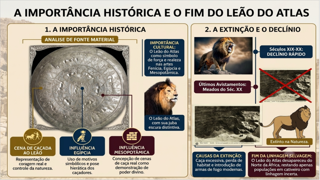 Infográfico dividido em duas partes sobre o Leão do Atlas: a esquerda analisa um prato metálico antigo decorado mostrando a importância cultural do leão nas artes fenícia, egípcia e mesopotâmica; a direita detalha o declínio e extinção da espécie entre os séculos 19 e 20 devido à caça excessiva e perda de habita