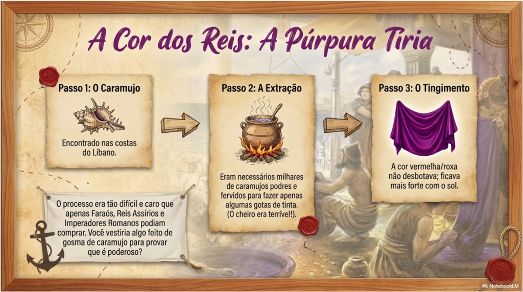 Infográfico em três passos explicando o processo de criação da púrpura tiria: o caramujo Murex, a fervura de extração e o tingimento do tecido roxo.