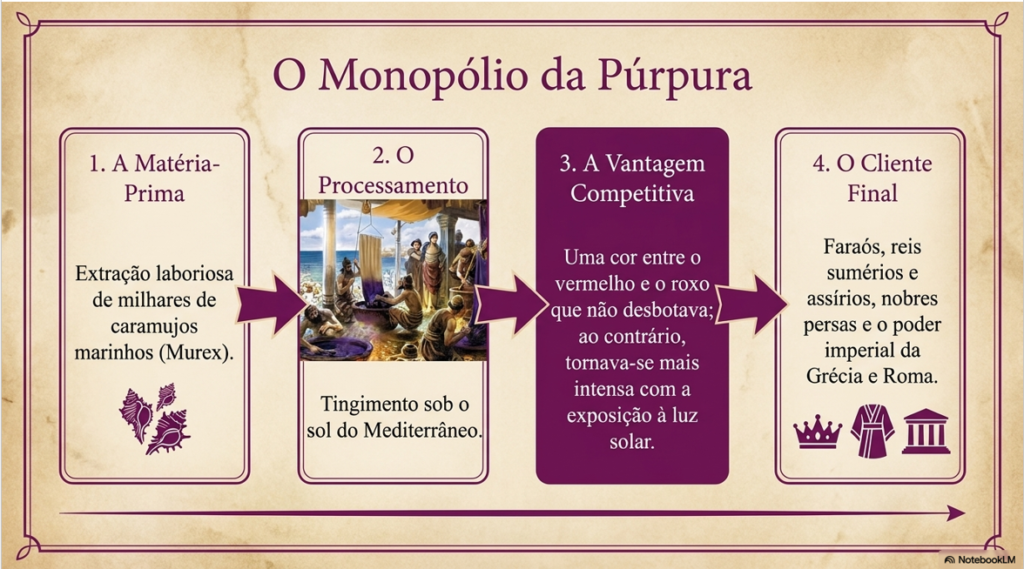 Fluxograma explicativo das 4 etapas do monopólio da púrpura: matéria-prima (Murex), tingimento ao sol, vantagem da cor resistente e público comprador (faraós e imperadores).