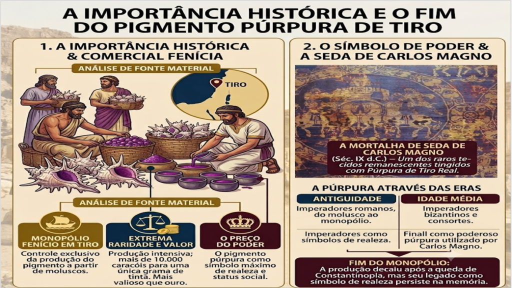 Infográfico em duas partes sobre a importância histórica e o fim da púrpura de Tiro: à esquerda, ilustração da produção fenícia a partir de moluscos em Tiro, destacando o monopólio e o alto valor econômico; à direita, imagem do tecido de seda de Carlos Magno tingido de púrpura e texto sobre o uso do pigmento como símbolo de realeza na Antiguidade e Idade Média até a queda de Constantinopla.