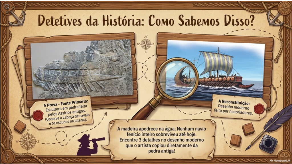 Slide comparando uma fonte primária em relevo de pedra assírio de um navio com uma reconstituição em desenho moderno feita por historiadores.
