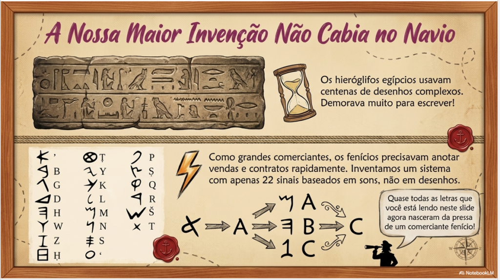 Slide comparando hieróglifos egípcios gravados em pedra com a evolução do alfabeto fonético fenício de 22 letras.