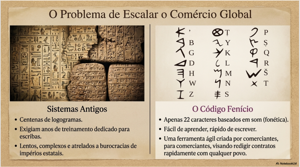 Tabela comparativa entre os sistemas antigos de escrita com centenas de logogramas e o código fenício fonético de 22 caracteres.