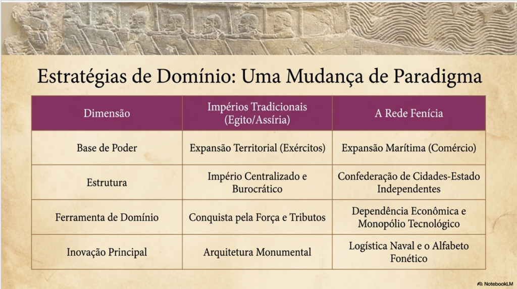 Tabela comparativa entre impérios tradicionais focados em expansão territorial militar e a rede fenícia focada em comércio marítimo e alfabeto.