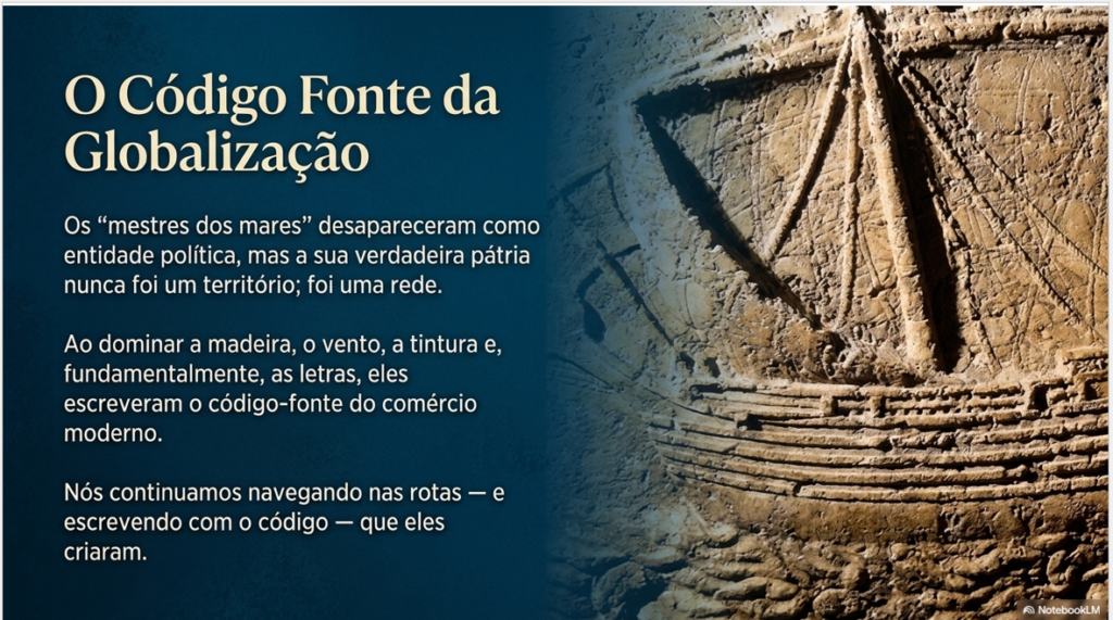Slide estilizado com fundo azul escuro contendo texto reflexivo sobre o legado da rede comercial e da escrita fenícia no comércio moderno, acompanhado de uma foto em relevo de pedra mostrando um navio antigo esculpido.